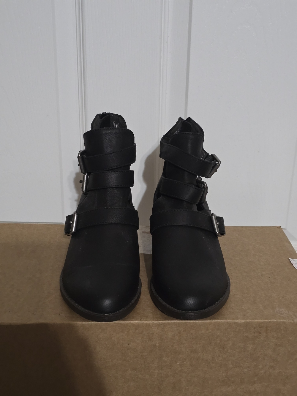 Black Buckle-Strap Ankle Booties with Triple Straps